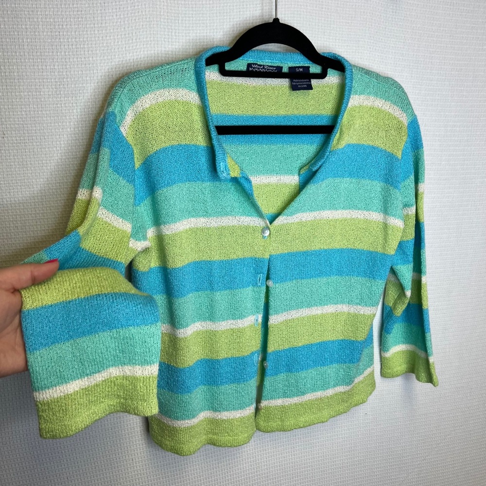Wind‎ River Blue Green Striped Button Front Cardigan Sweater Womens Small Medium